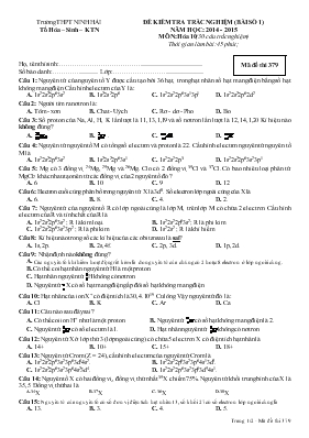 Đề 2 kiểm tra trắc nghiệm (bài số 1) năm học  2014 - 2015 môn Hóa 10 (30 câu trắc nghiệm)